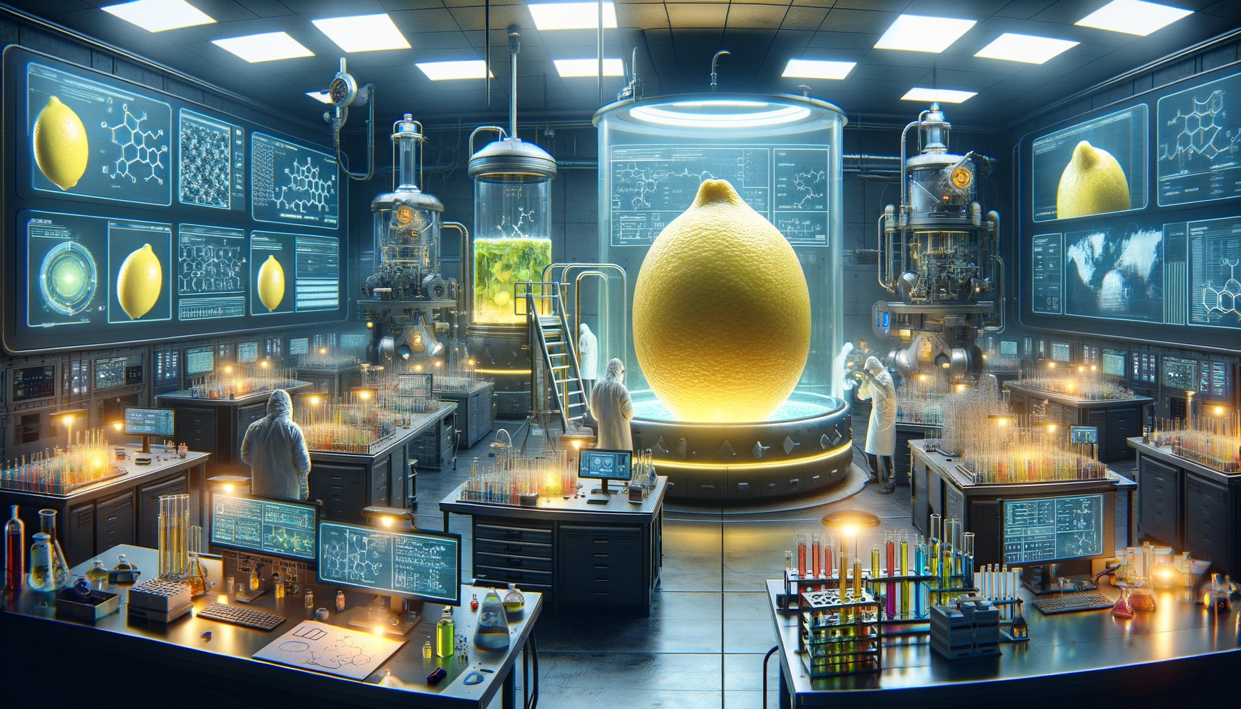 Imagine a widescreen scene set in a high-tech research laboratory dedicated to the development of combustible lemons. The lab is filled with advanced scientific equipment, including test tubes, beakers, and digital monitors displaying chemical formulas. In the center of the lab, a team of scientists in protective gear examines a lemon that is glowing with an inner light, indicating its combustible potential. Around them, other lemons are in various stages of testing, some encased in protective chambers, others connected to machines monitoring their explosive properties. The atmosphere is one of focused innovation, with notes and diagrams of lemon structures and chemical compounds scattered across workstations. The lighting is bright and clinical, highlighting the state-of-the-art facilities that make this groundbreaking research possible.